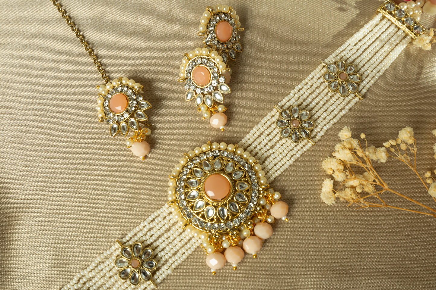 Shahi Pink Gold Plated Kundan Necklace Set