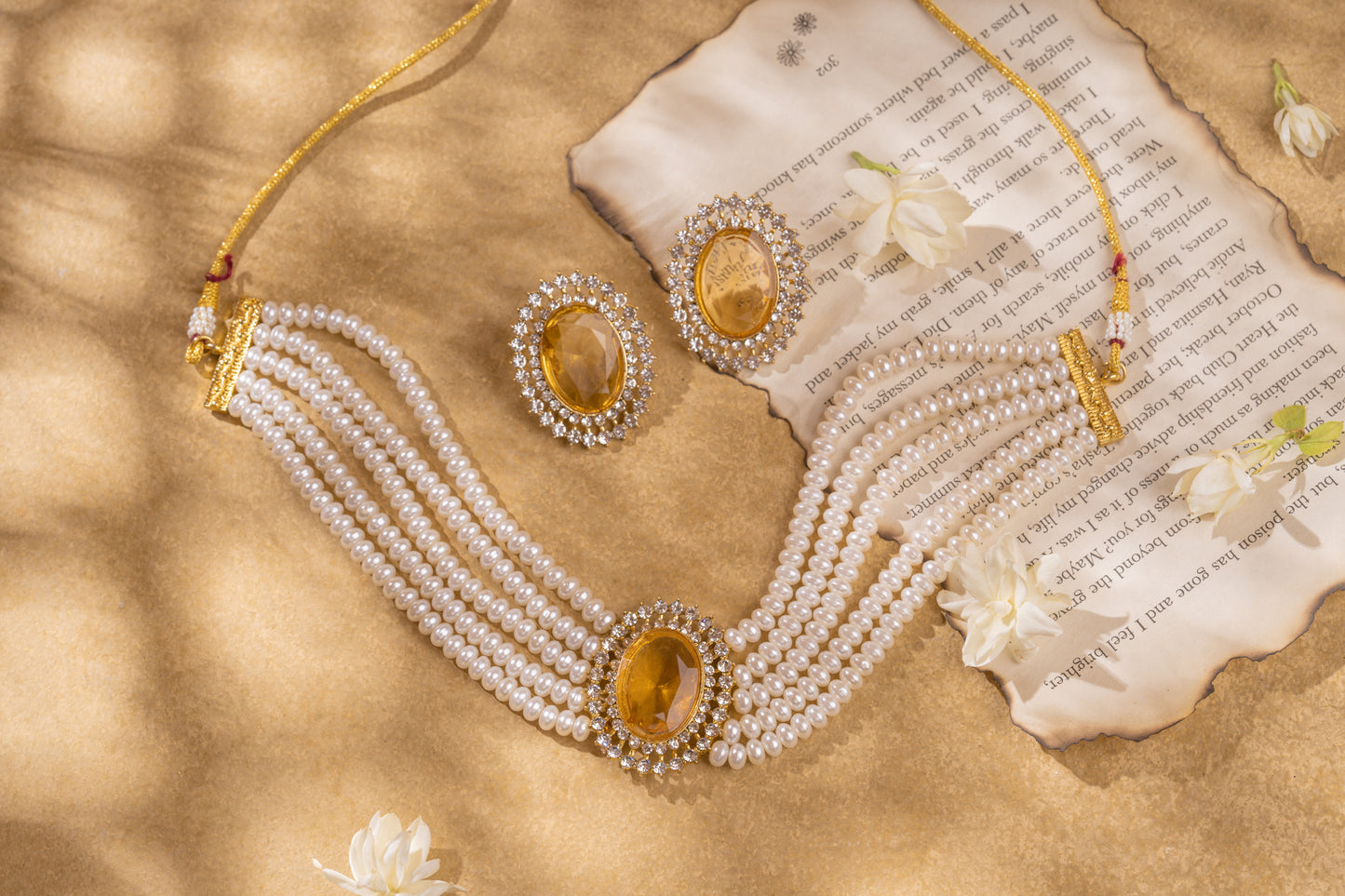 Off- White and Yellow Gold Plated Necklace Set