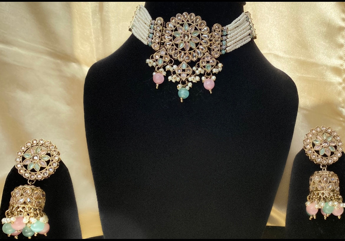 Pastel Dreams Gold Plated Kundan Necklace Set