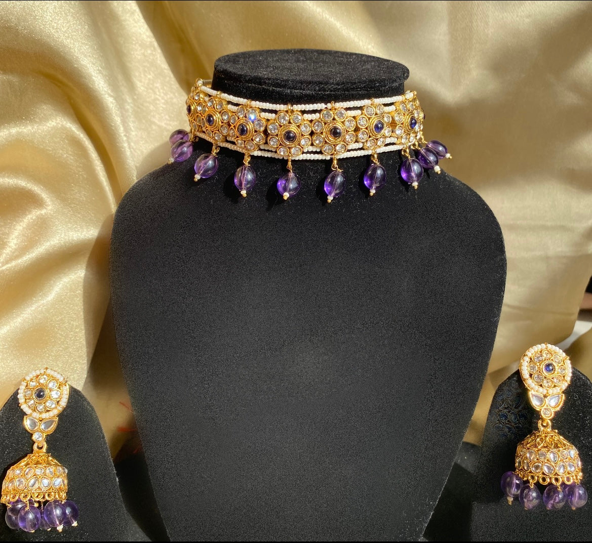 Royal Lavender Gold Plated Kundan Necklace Set