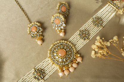 Shahi Pink Gold Plated Kundan Necklace Set