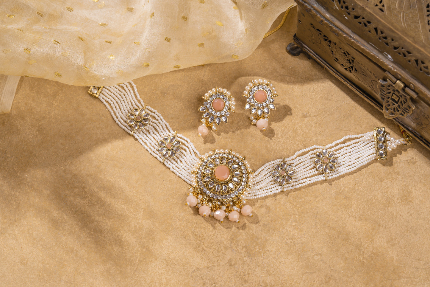 Shahi Pink Gold Plated Kundan Necklace Set