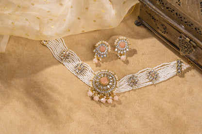 Shahi Pink Gold Plated Kundan Necklace Set