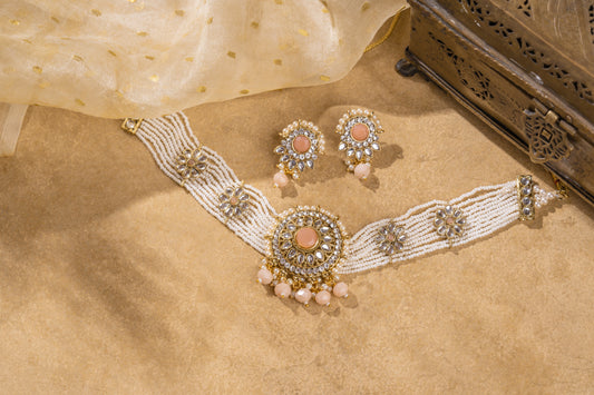 Shahi Pink Gold Plated Kundan Necklace Set