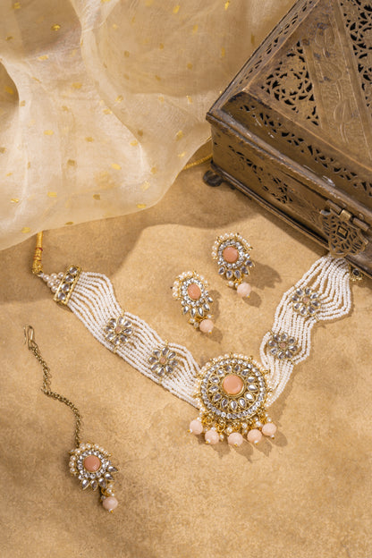 Shahi Pink Gold Plated Kundan Necklace Set