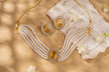 Off- White and Yellow Gold Plated Necklace Set