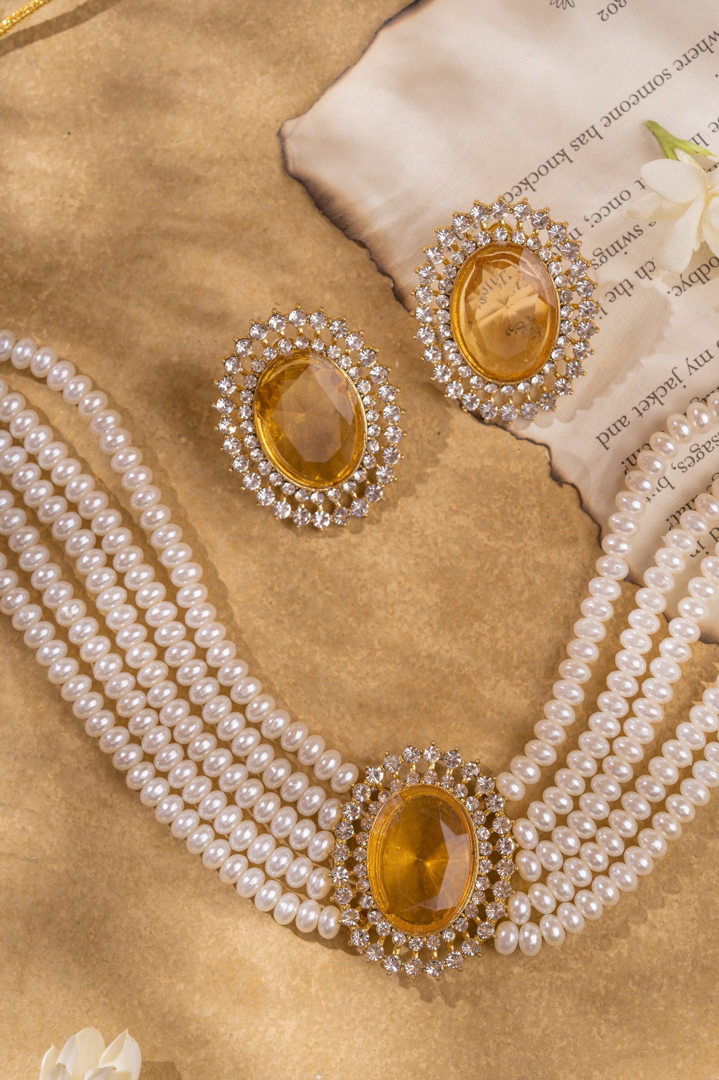 Off- White and Yellow Gold Plated Necklace Set