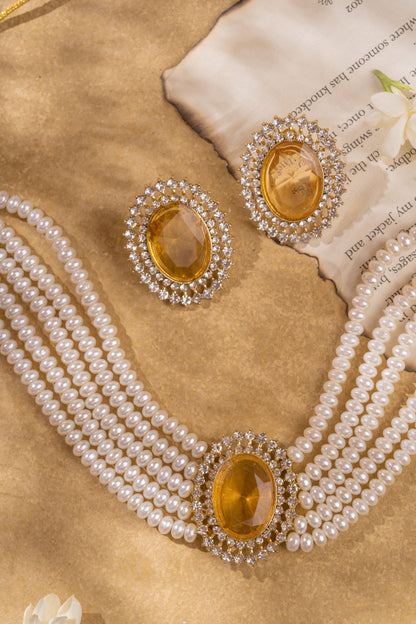 Off- White and Yellow Gold Plated Necklace Set