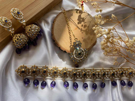 Royal Lavender Gold Plated Kundan Necklace Set